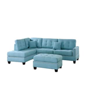 3-Piece Blue Fabric 4-Seater L-Shaped Sectional Sofa with Wood Legs
