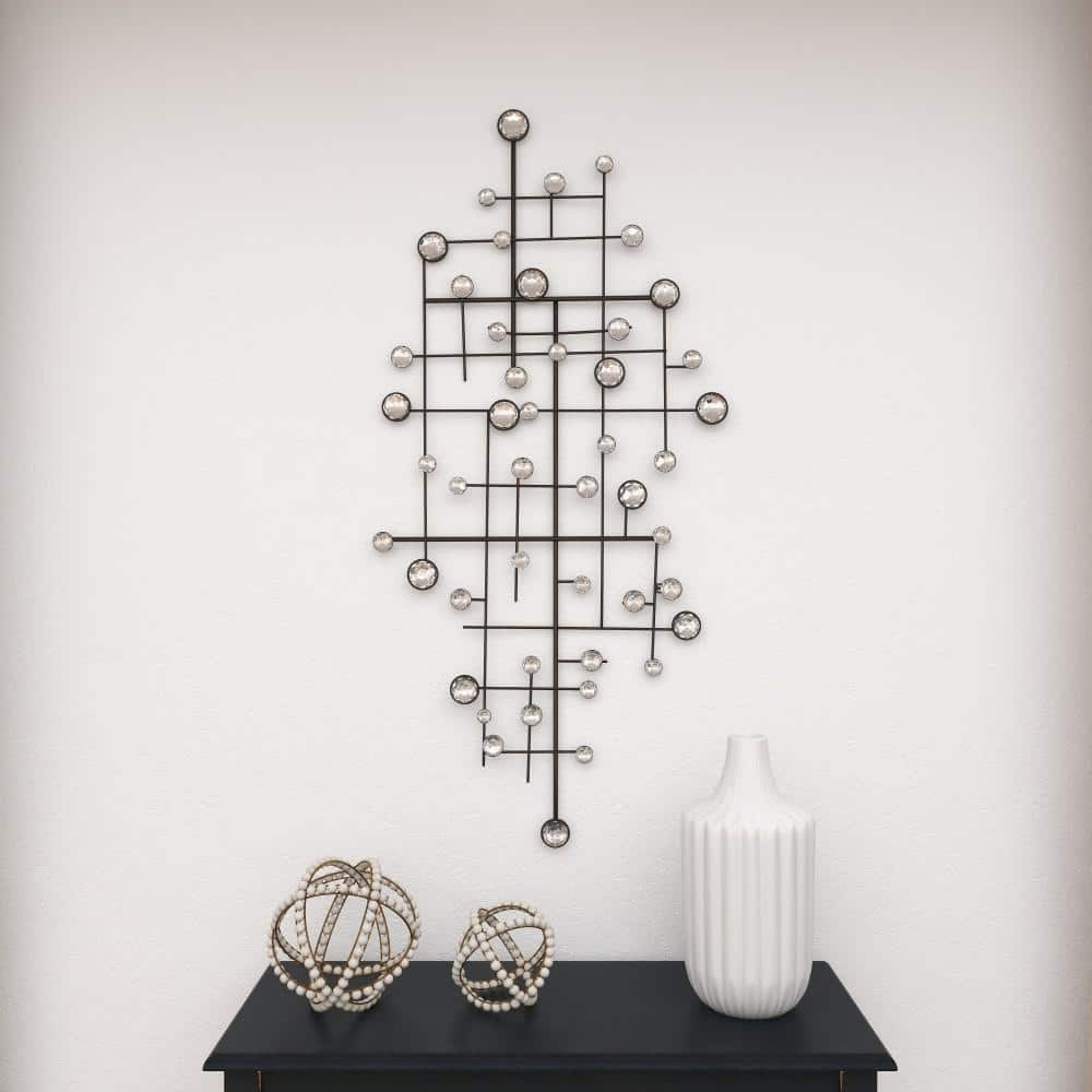 Silver Geometric Metal Wall Sculpture with Glass Beads