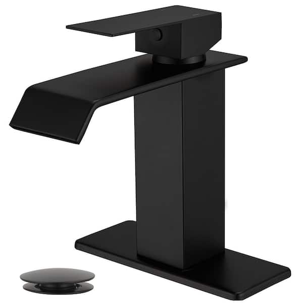 Waterfall Single Hole Single-Handle Low-Arc Bathroom Faucet with Pop Up Drain Assembly in Matte Black