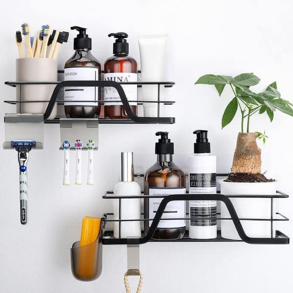 Corner Shower Caddy: 2 Pack Adhesive Shelf Decor - No Drilling Stainless  Steel Storage Rack with Hooks and Toothpaste Holder - Bath Accessories