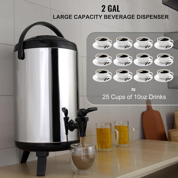 Stainless Steel Insulated Beverage Dispenser, 2 gal. (7.6L), Thermal Hot and Cold Drink Server with Spigot Handle