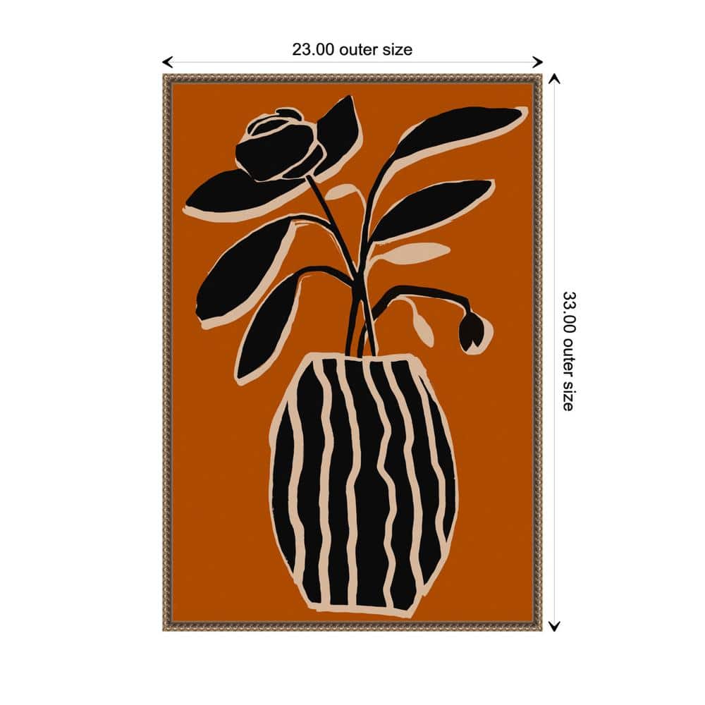 Ochre and Black Abstract Floral Canvas Print with Bronze Frame