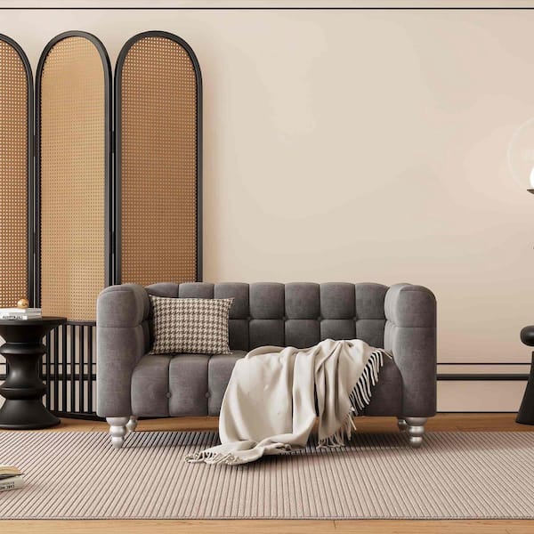 Polibi 63 in. Square Arm Polyester Rectangle Sofa with Solid Wood Legs in. Gray