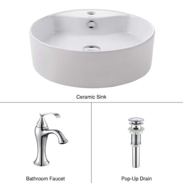 KRAUS Round Ceramic Vessel Sink in White with Ventus Faucet in Chrome