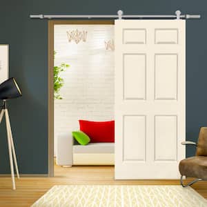 30 in. x 80 in. Beige Stained Composite MDF 6-Panel Interior Sliding Barn Door with Hardware Kit