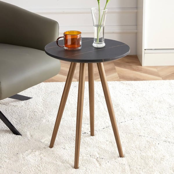 Zeus & Ruta Black Faux Marble End Side Table with Dark Gold Metal Legs, MDF Tabletop, Round Nightstand for Living Room, Bedroom