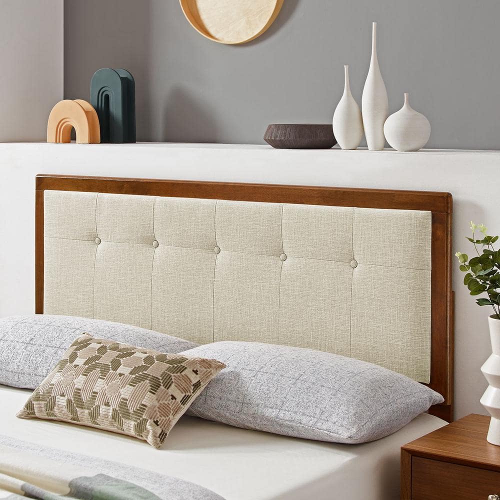 Walnut Beige Tufted Upholstered Queen Wood Headboard