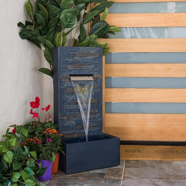 32 in. Tall Cascading Stone Wall Fountain Decoration with LED Lights