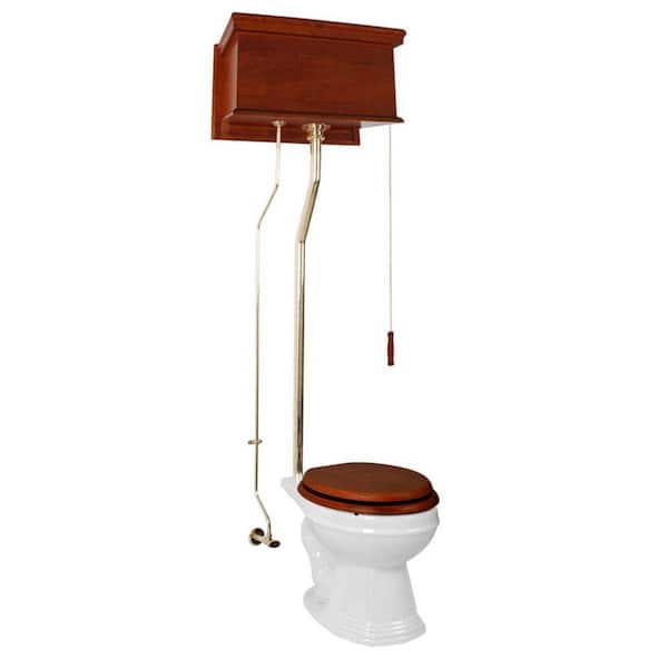 2-Piece 1.6 GPF Single Flush Elongated Bowl Pull Chain Toilet in White and Mahogany High Tank Seat Not Included