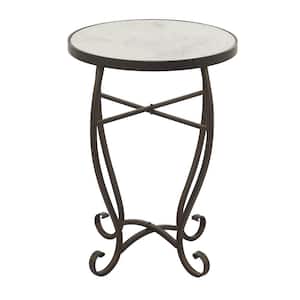 16 in. Black Scroll Large Round Marble End Table with White Marble Top