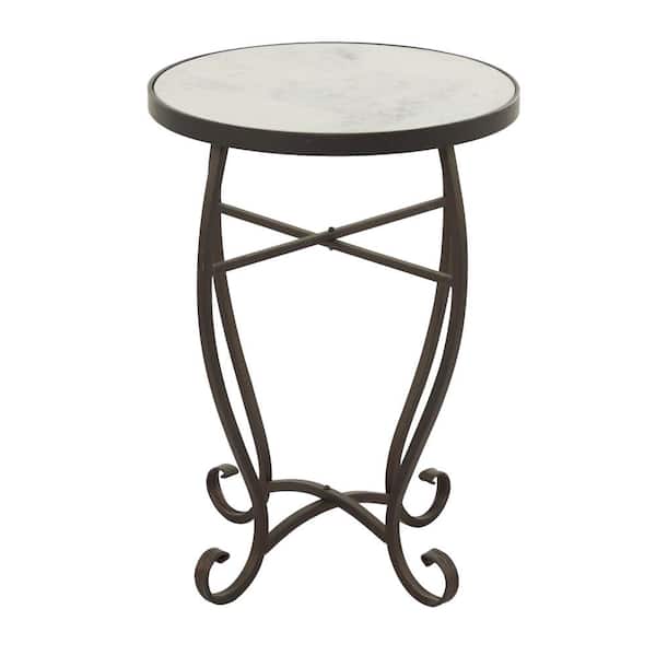 Litton Lane 16 in. Black Scroll Large Round Marble End Table with White Marble Top