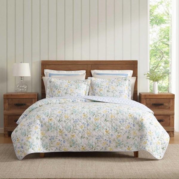 Poppy Meadow 3-Piece Yellow/Aqua/Blue Cotton Full/Queen Quilt Set