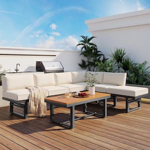 Grey 3-Piece Modern Metal Outdoor Sectional Set with Height-Adjustable Seating and Beige Cushions for Patio and Backyard