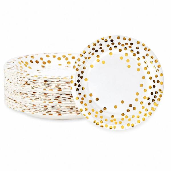 Gold Dots 7 in Dessert Plates Disposable Party Supplies for Birthday Wedding Baby Shower 50 ct Plates