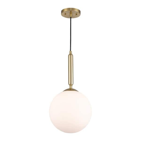 Monteaux Lighting 10 in. 1-Light Gold Hanging Mini Pendant Light Fixture with Opal Glass Globe Shade