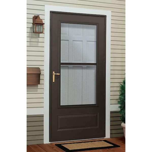 300 Series 32 in. x 80 in. Almond Universal Triple-Track Storm Door with Brass Hardware