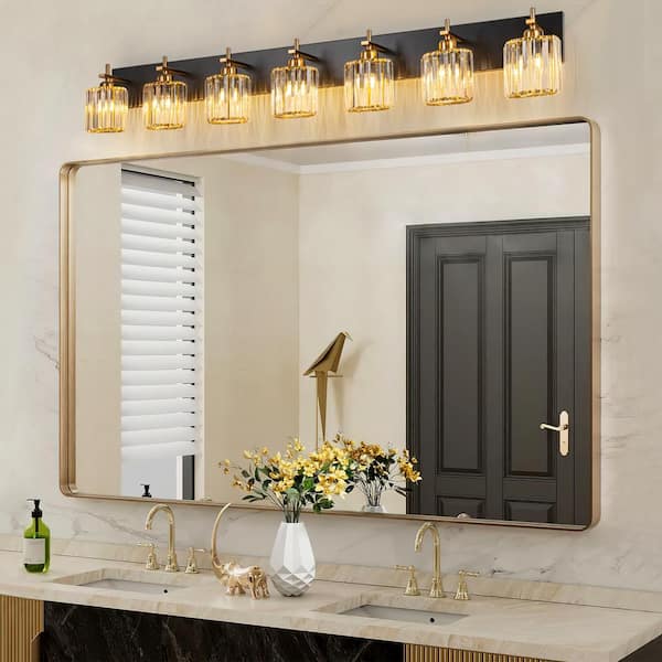 Orillia 51.2 in. 7-Light Black and Gold Bathroom Vanity Light with Crystal Shade Wall Sconce Over Mirror
