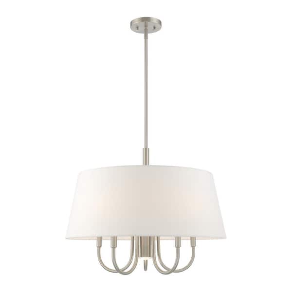 Briarcrest 6-Light Brushed Nickel Pendant Chandelier with Off-White Fabric Shade