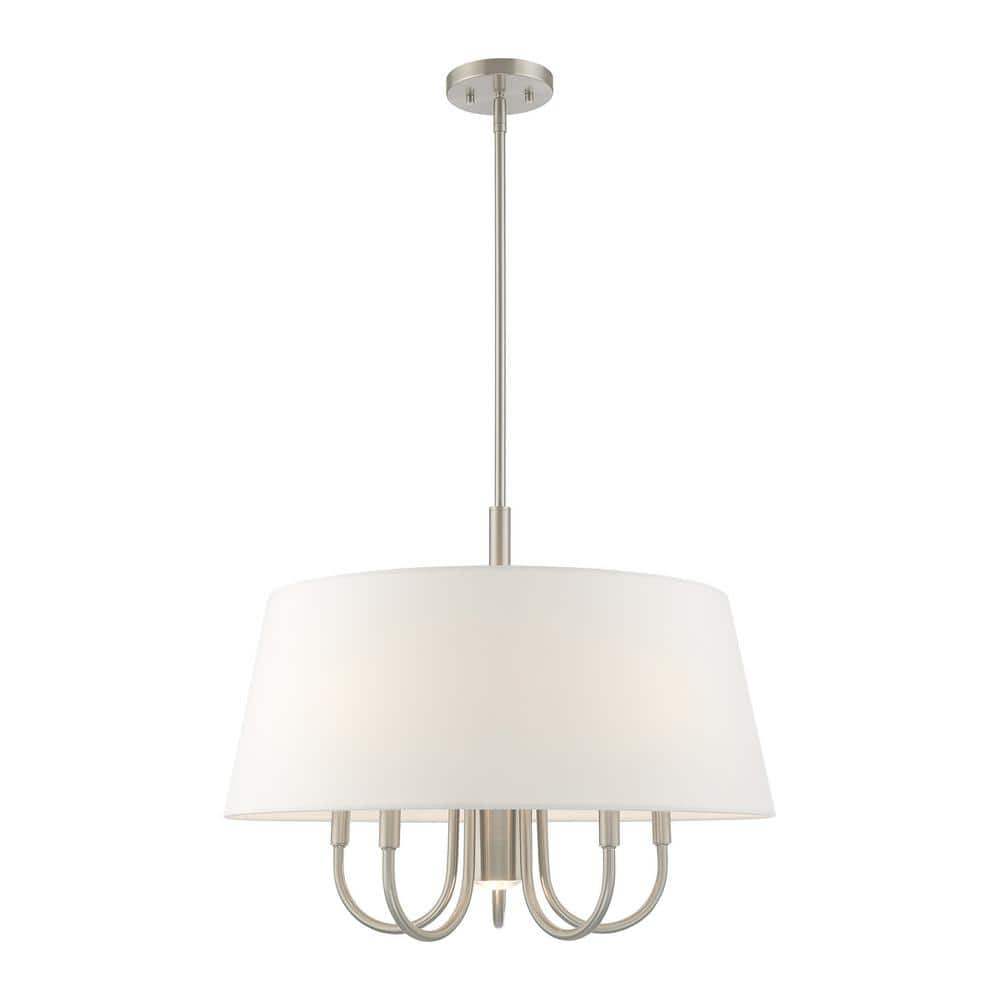 Belclaire 6-Light Brushed Nickel Pendant with Off-White Drum Shade
