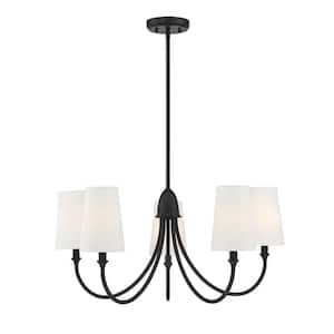 Cameron 29 in. W x 13 in. H 5-Light Matte Black Chandelier with Curved Arms and White Fabric Shades