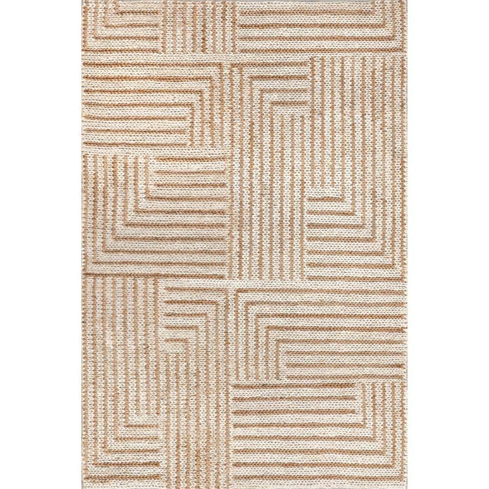 Ivory and Beige Braided Cotton Rectangular Area Rug, 5' x 8'
