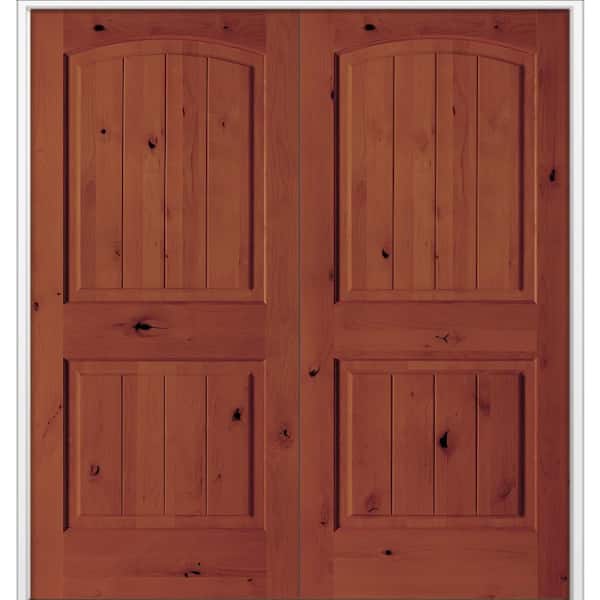 60 in. x 80 in. Rustic Knotty Alder 2-Panel Arch Top VG Both Active Amaretto Stain Wood Double Prehung Interior Door