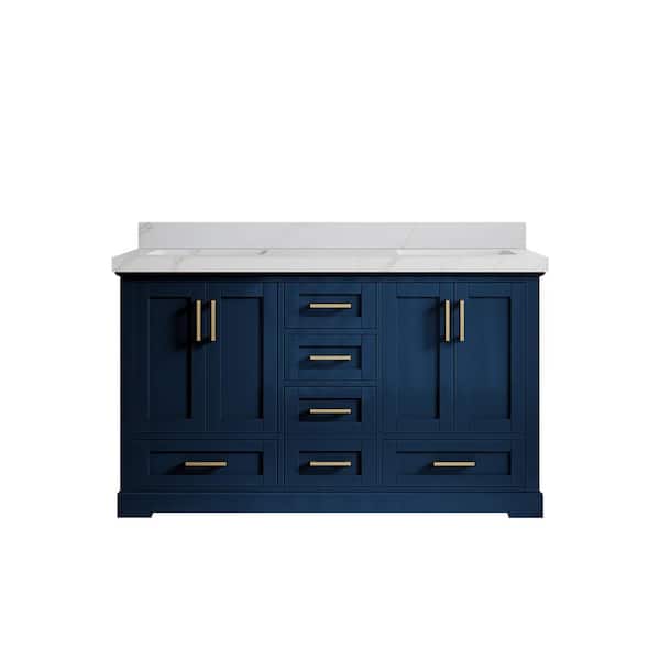 Willow Collections Boston 60 in. Double Sink Freestanding Navy Blue Bath Vanity with Calacatta Sienna Qt. Top Unassembled