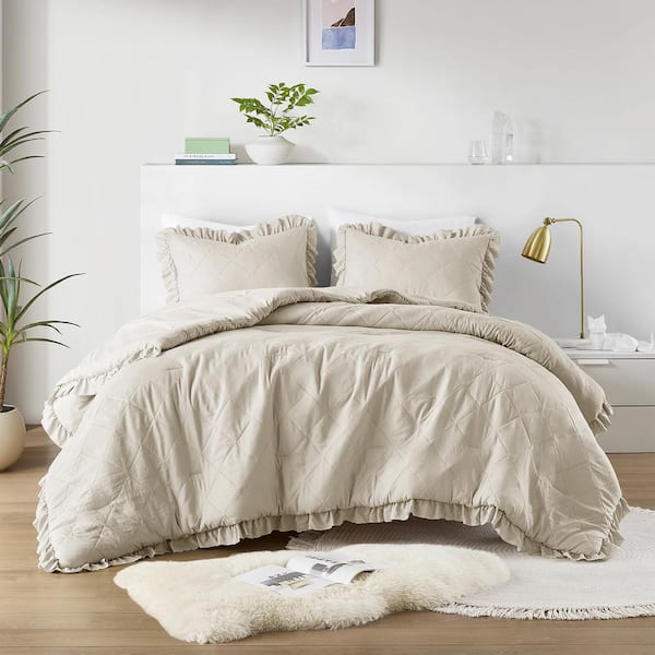 510 Design Phoebe 3-Piece Neutral Microfiber King/Cal King Diamond Quilted Ruffle Edge Comforter Set
