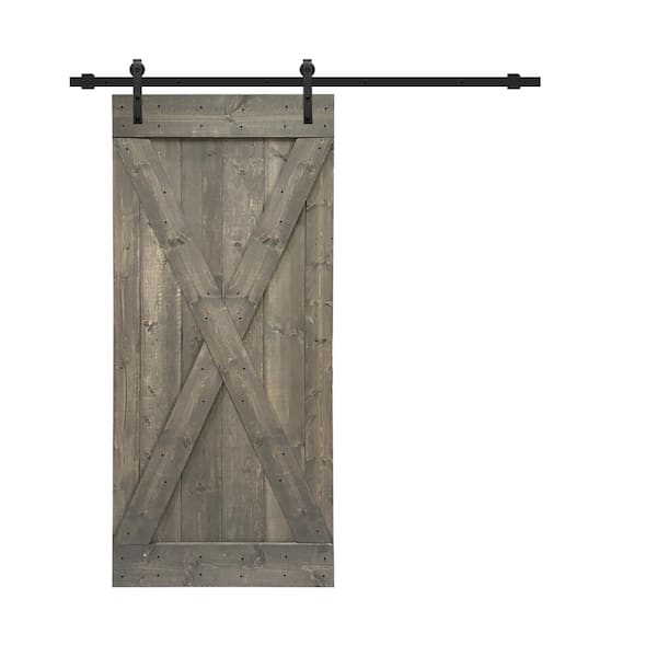 CALHOME X Series 36 in. L x 84 in. H Solid Weather Gray Stained Knotty Pine Wood Interior Sliding Barn Door with Hardware Kit