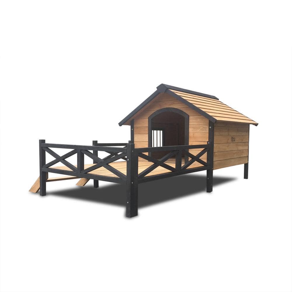 Large Yellow Brown Wooden Cabin Dog House with Porch