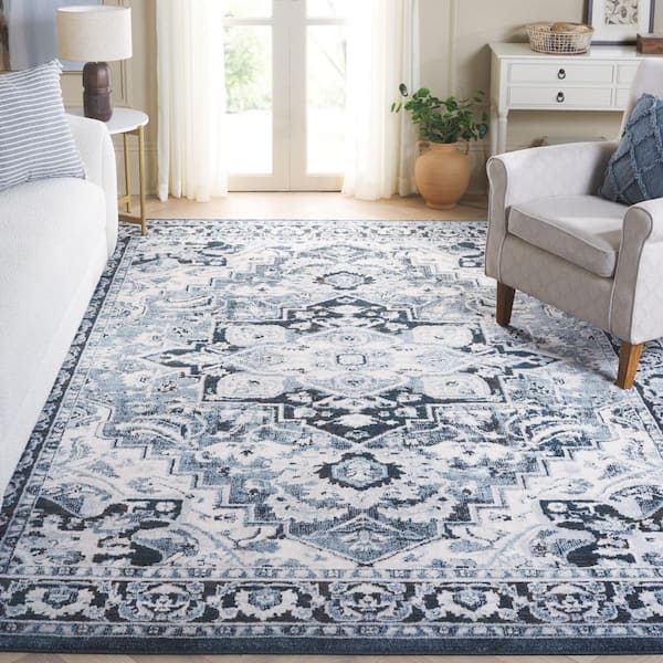 Rosewood 9 ft. x 12 ft. Ivory/Blue Ornate Medallion Border Area Rug
