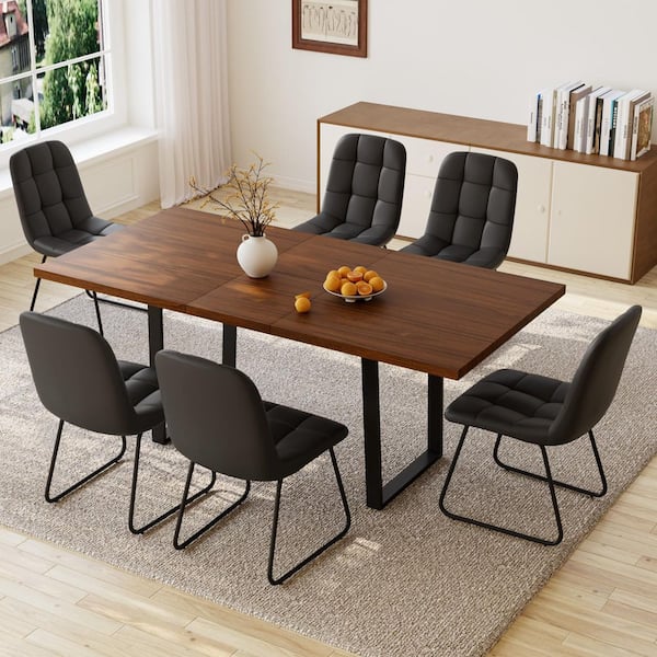 7-Piece Set of Black Chairs and Gray MDF Top Retractable Dining Table with Carbon Steel Legs and 6  Chairs