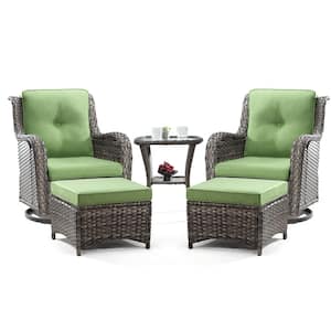 5-Piece Wicker Patio Outdoor Conversation Rocking Chair Set with Green Cushions