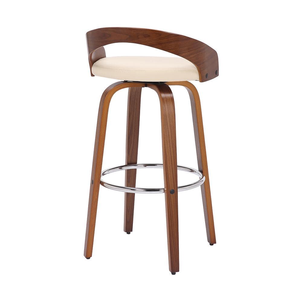 Cream Faux Leather and Walnut Wood Swivel Bar Stool, 30"