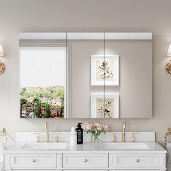 56 in. W x 36 in. H Rectangular Chrome Aluminum Medicine Cabinet with Mirror