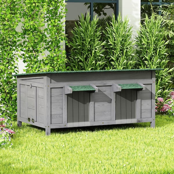 FUFU&GAGA Rabbit Hutch with Ramp, Indoor/Outdoor Pet Hutch Wooden Rabbit Cage with 2 Room Design, Weatherproof Asphalt Roof Gray