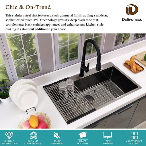 Delironexu 33 Inch Drop In Black Kitchen Sink-33x19 Top Mount, 16 Delironexu 33 Inch Drop In Black Kitchen Sink-33x19 Top Mount, 16