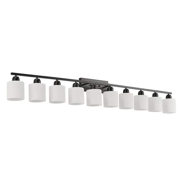 65 in. 10-Light Matte Black Vanity Light Fixture with Milky White Glass Shades