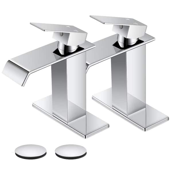 AKLFGN Waterfall Single Hole Single-Handle Bathroom Faucet with Pop-Up Drain in Polish Chrome (2-Pack)