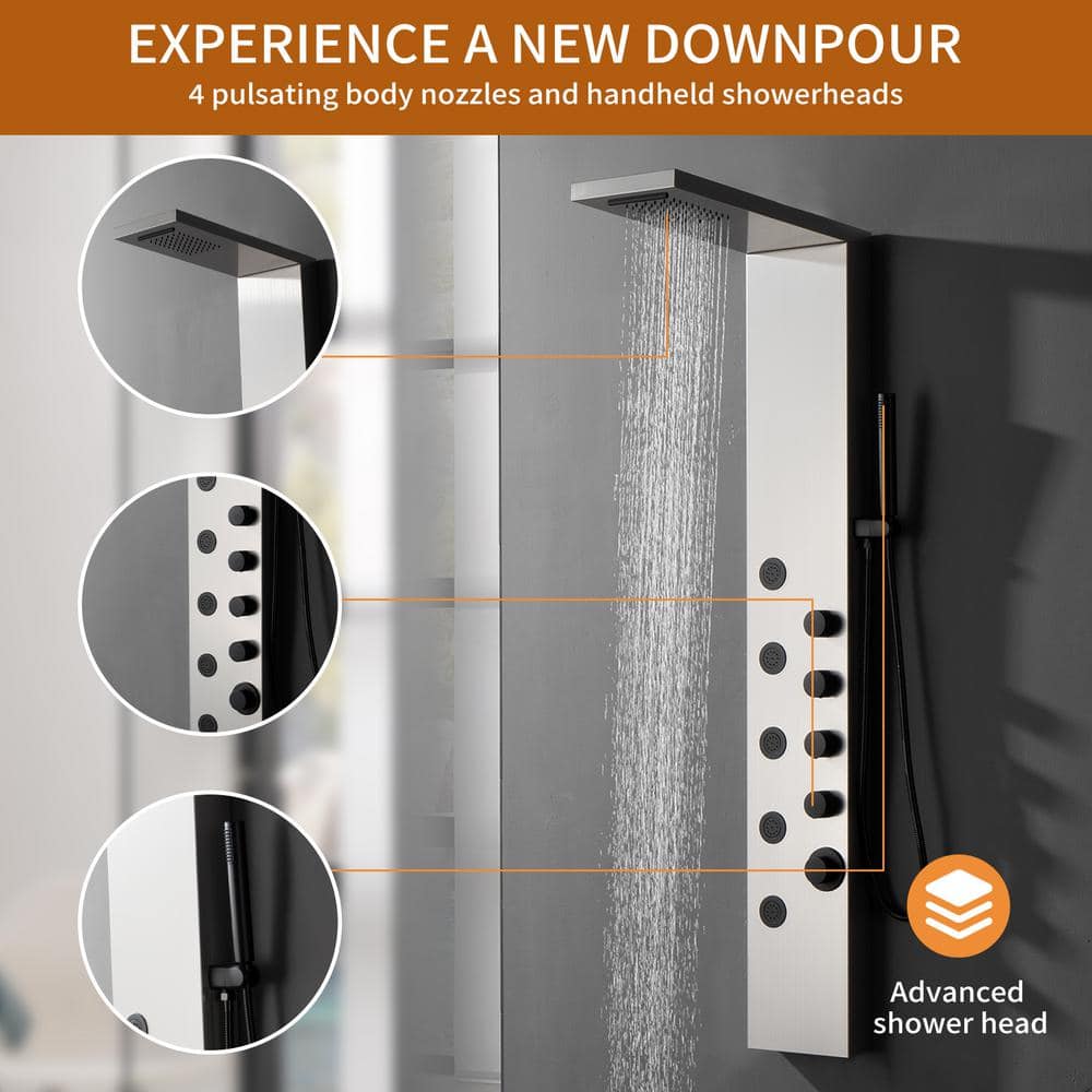 Brushed Nickel 5-Jet Rainfall Shower Panel System with Handheld Wand