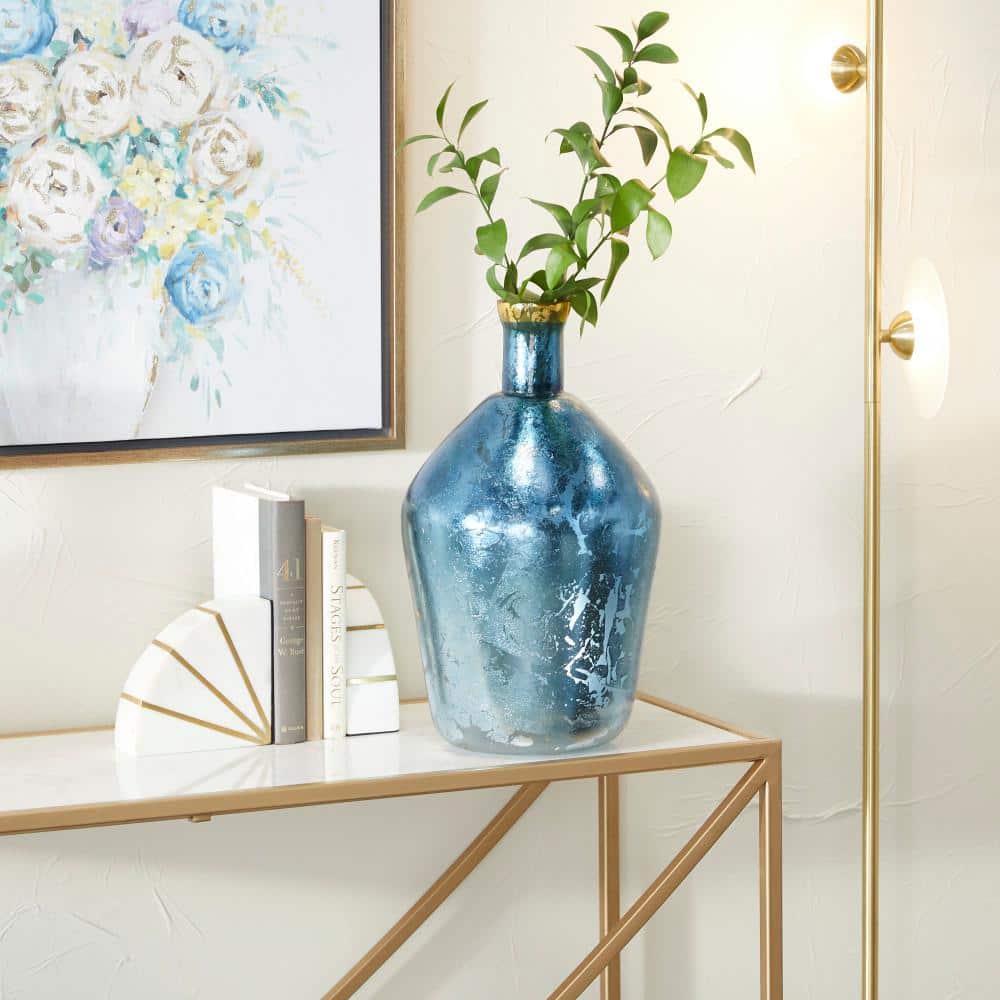 Elegance Blue and Silver Glass Round Vase with Gold Accent