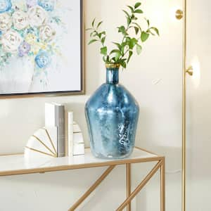 15 in. Blue Glass Decorative Vase with Gold Rim