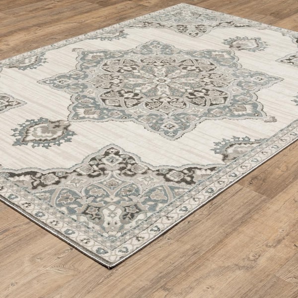 Edgewater Ivory/Blue 8 ft. x 11 ft. Vintage Center Oriental Medallion Polyester Indoor Area Rug