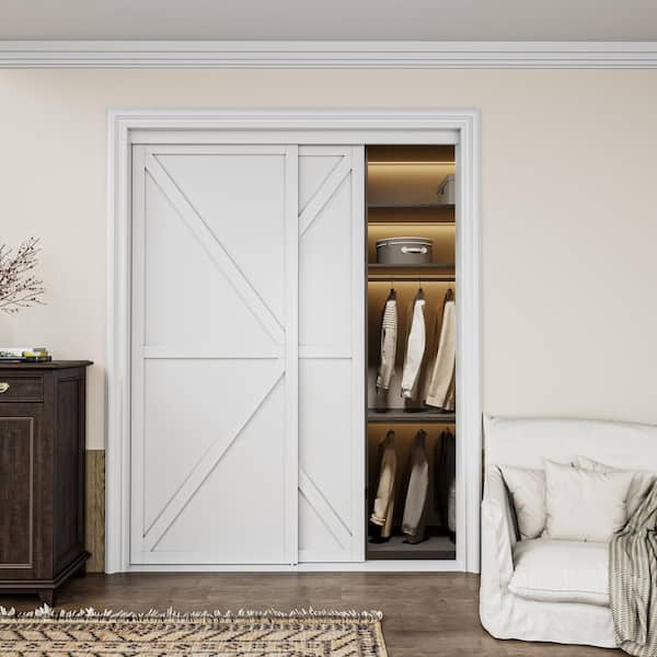 96 in. x 80 in. K Shape White Solid Core Finished MDF Closet Interior Sliding Door with Hardware