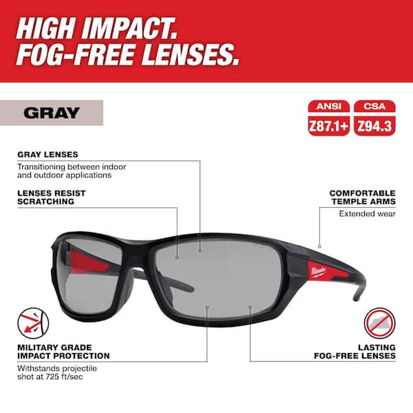 Gray Performance Safety Glasses Fog-Free Lenses