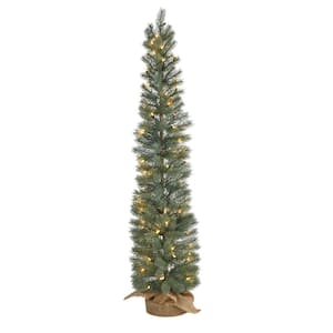 4 ft. Green Pre-lit Pine Artificial Christmas Tree with 70 Warm White Lights Set in a Burlap Base