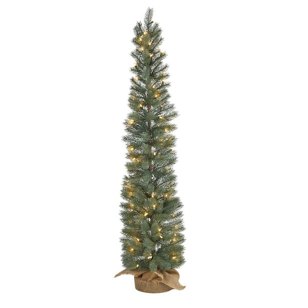 Nearly Natural 4 ft. Green Pre-lit Pine Artificial Christmas Tree with 70 Warm White Lights Set in a Burlap Base