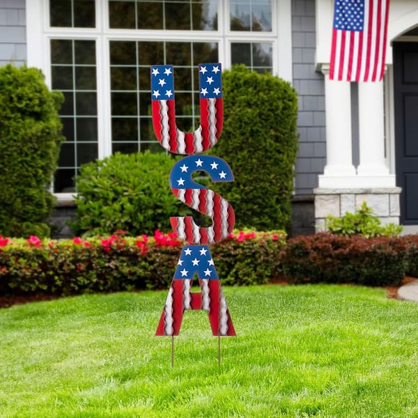 Patriotic Ornaments God Bless America Red White Blue Garden Lawn Metal 3 Stakes 