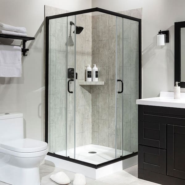 36 in. x 78 in. 2-Piece Glue-Up Corner Shower Wall, Shelf, Trim Kit in Urban Coast