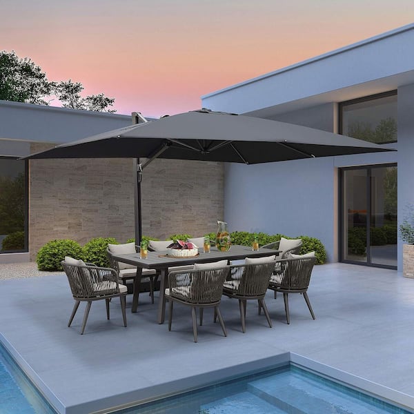 10 ft. x 13 ft. Large Outdoor Aluminum Cantilever 360-Degree Rotation Patio Umbrella with Base, Gray